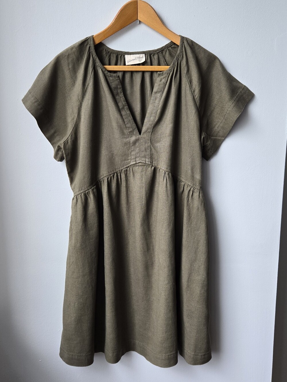 Linen Blend Sm Olive V-Neck Mini Dress Tunic Top Has Pockets, Universal Threads